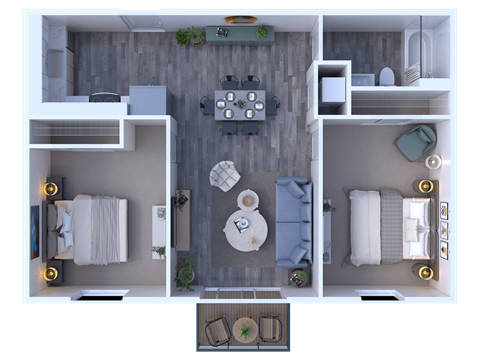 Floor plan for 2 beds, 1 bath, 771 sqft